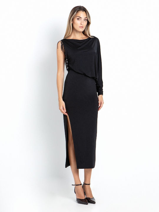 Sommer Maxi Abendkleid Satin Wickel Mit Fransen Schwarz