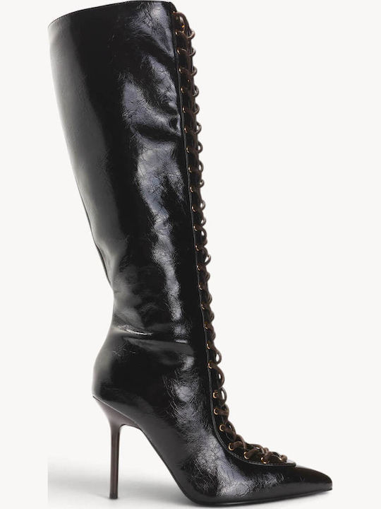 Braune Damenstiefel mit Schnürung vorne Stilett...