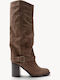 Beige Wildleder Damenstiefel mit Riemen Hochblockabsatz