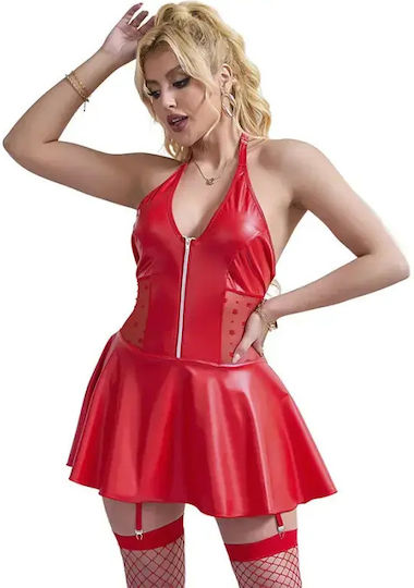 Wet Look и Дантелен Секси Комплект с Жартиери L XL Червен