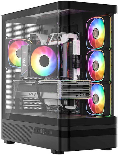 Modecom Volcano AQ100 Gaming Midi-Turm Computergehäuse mit Seitenfenster und ARGB-Beleuchtung Schwarz