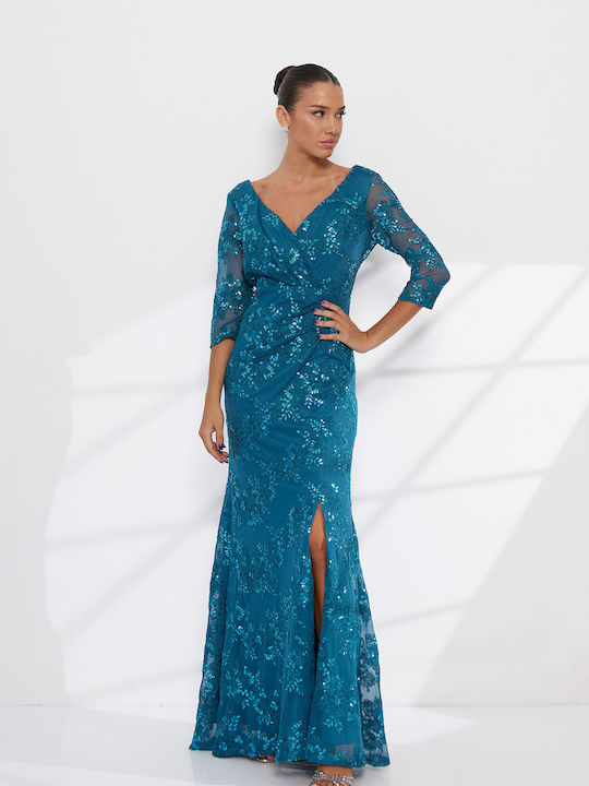 Rochie de Vară Maxi de Seară Rochie-cămașă Satin cu Dantelă Petrol