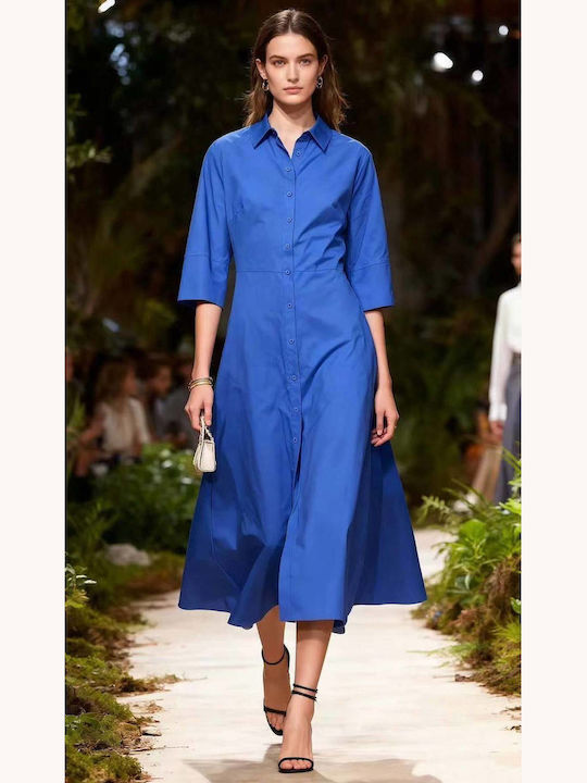 Summer Midi Shirt Dress Blue Royal