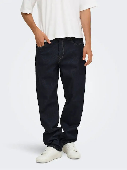Men's Jeans Pants Regular Straight Fit Dark Blue Denim