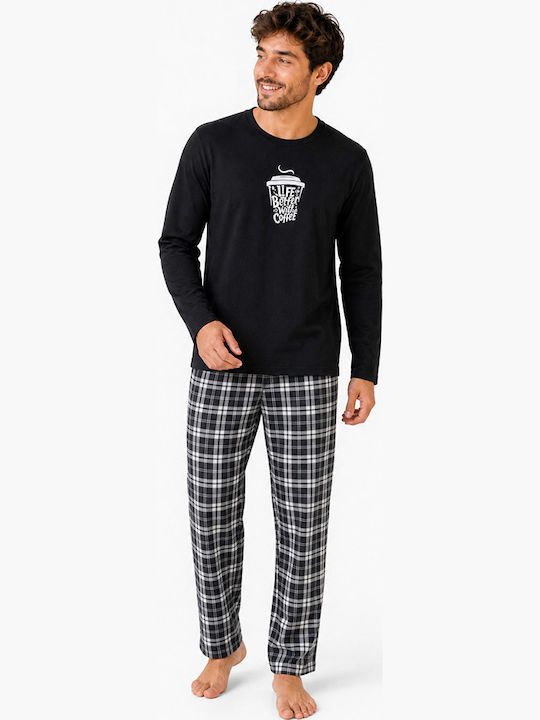 Comfort Pijama bărbătească de vară în carouri Neagră
