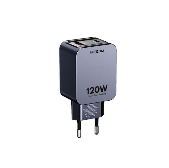 Moxom Зарядно Устройство Без Кабел GaN с USB-A Изходен Порт и USB-C Изходен Порт 120W Черно 022626