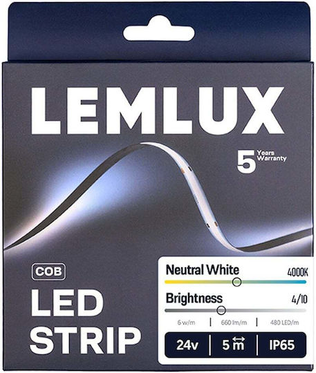 Lemlux Bandă LED Impermeabilă 24V Lumină Alb Natural 5m Tip COB