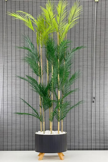 SteweHome Decorative Potted Areca Palm with Artificial Leaves Wooden Elliptical Base 6 Trunks