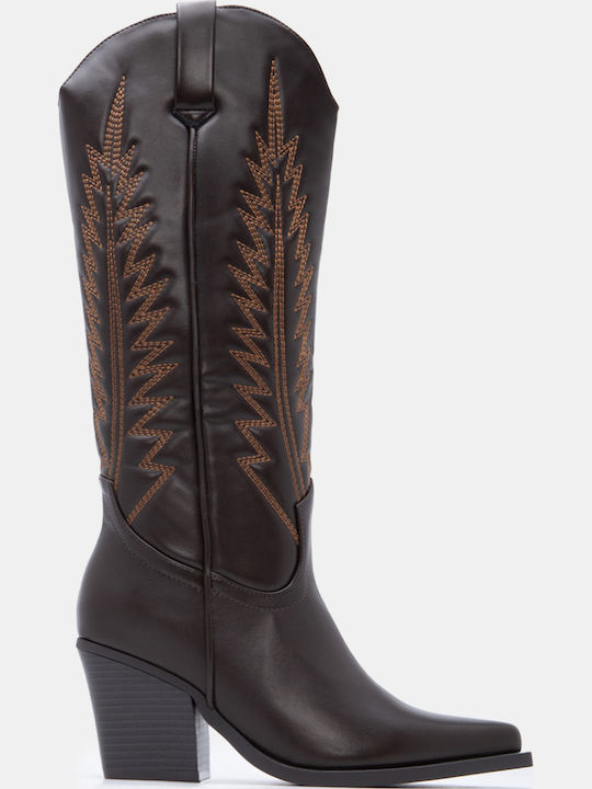 Suede Women's Boots Cowboy with High Heel Brown