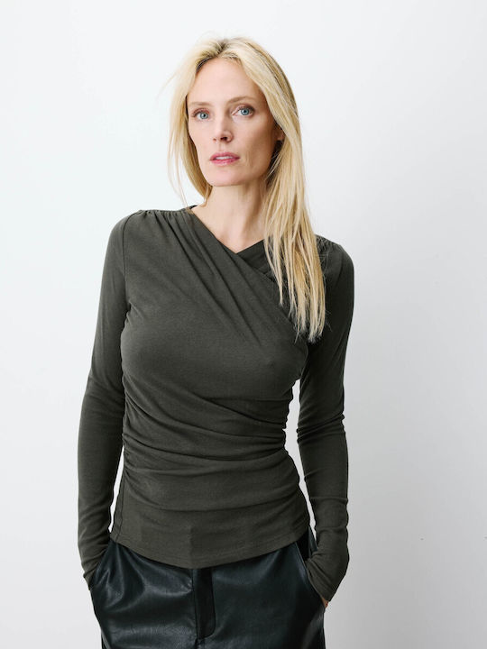 Damenbluse Baumwoll Langärmelig Drapierung Khaki