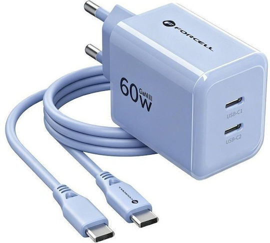 Forcell Încărcător GaN cu 2 Porturi USB-C și Cablu USB-C - USB-C 60W Power Delivery Albastru (F-energy)