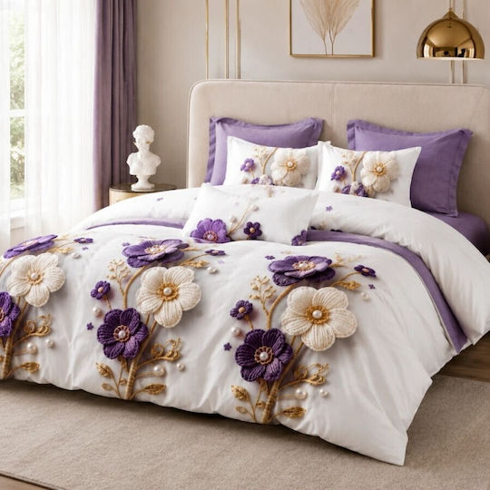 Pucioasa Set Huse Pentru Pilote 200x230cm Dublu Cu 4 Fețe De Pernă & 1 Cearșaf Purple And Cream Flowers