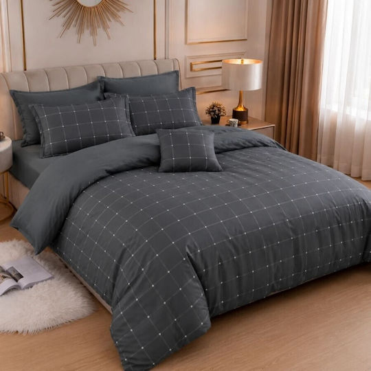 Pucioasa Set Huse Pentru Pilote 200x230cm Dublă Cu 4 Fețe De Pernă & 1 Cearșaf Gri În Carouri