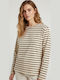 Damen Langärmeliges Baumwoll-Pullover Gestreift Praline
