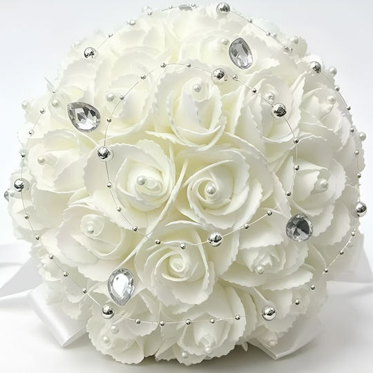 Decorative Bouquet White Roses & Rhinestones 24x23cm Artificial Bridal Bouquet Ideal Wedding Baptism Decoration