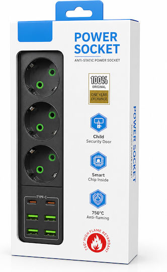 Πολύπριζο 2 Θέσεων με 4 USB-A, USB-C, Διακόπτη και Καλώδιο 2m