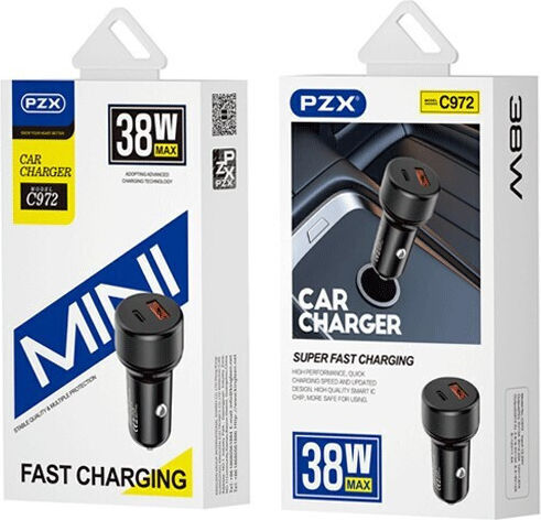 PZX Φορτιστής Αυτοκινήτου 38W με Θύρες: 1xUSB-A 1xType-C Μαύρο Χρώμα