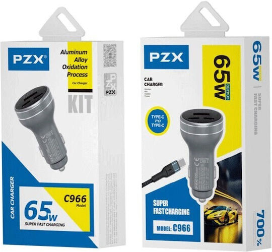 PZX Car Charger 65W with Ports 1xUSB-A 1xType-C with Type-C Cable Black Colour