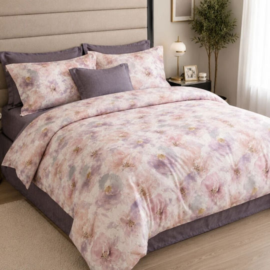 Pucioasa Set Duvet Cover 200x230cm Double with 4 Pillowcases & 1 Bed Sheet Pastel Pink-Lilac Flowers