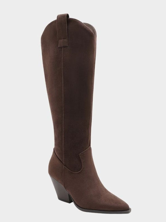 Suede Women's Cowboy Boots with High Heel Brown