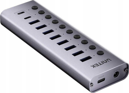 Unitek USB-Hub 10 Anschlüsse USB 3.0 mit Anschluss an einen Computer USB-C Silber