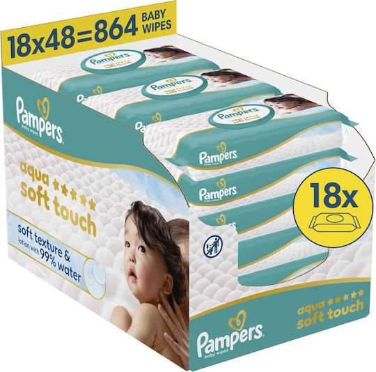 Pampers Aqua Soft Touch Hypoallergenic Baby Wipes with 99% Water, Fragrance Free, Alcohol-Free & Parabens Free 18x48pcs