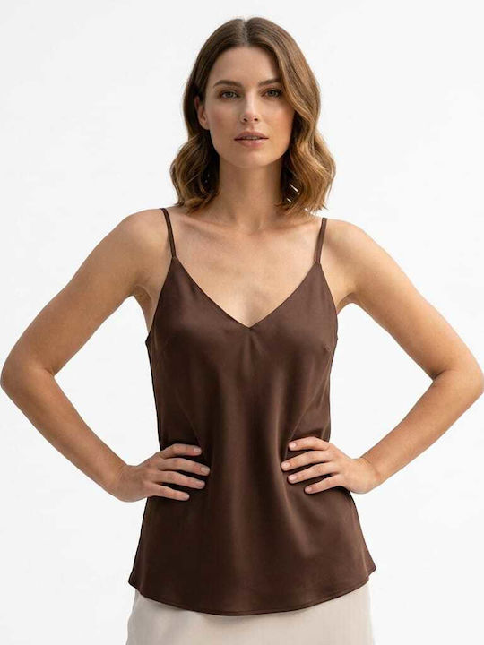 Women's Satin Blouse with Spaghetti Straps and V-Neck Brown