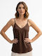 Women's Satin Blouse with Spaghetti Straps and V-Neck Brown