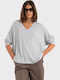 Damen Bluse mit 3/4 Ärmel & V-Ausschnitt Grau Melange