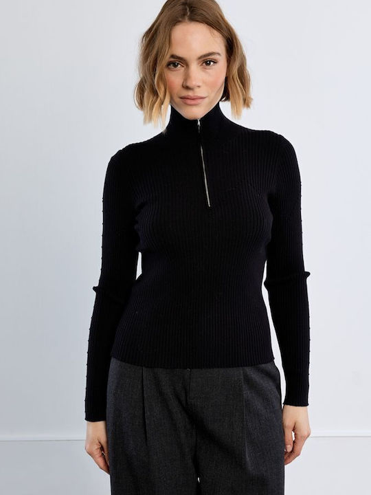 Women's Sweater with Neckline with Zipper Black