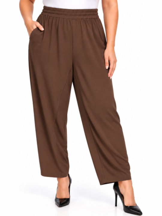 Women's Fabric Trousers with Rubber Band in Regular Fit Brown WH-41531-27TR-BROWN