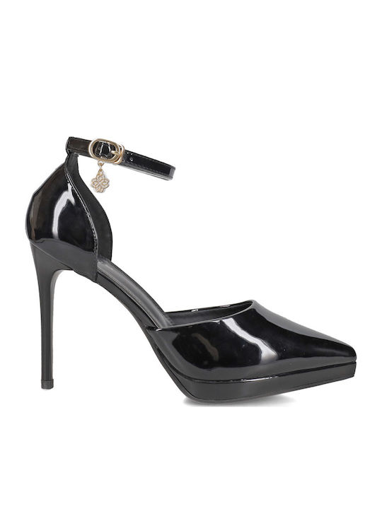 Spitze Zehe Pumps Mit Plateau Aus Lackleder Mit Riemen Schwarze