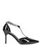 Spitze Zehen Pumps aus Lackleder mit Riemen Schwarz