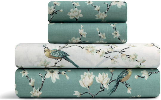 Lino Home Parrots Подредба Чаршафи Кралица с Еластична Лента 170x200+35см Петролени (4 Бройки)