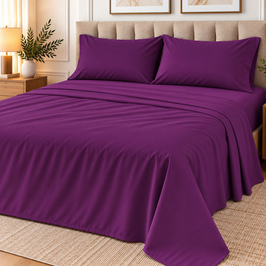 Ehome Set Double Bed Sheets 240x260cm Purple 4 Pieces S240-PURPLE