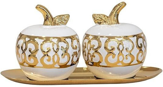 2 Decorative Ceramic Apples White Gold Metallic Gold Plate L:23x9x11.5cm K:819-01509