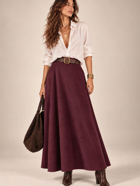 Leder Hohe Taille Maxi Rock Cloche Burgundisch