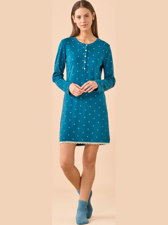 Noidinotte Winter Cotton Women's Nightgown Petrol Blue