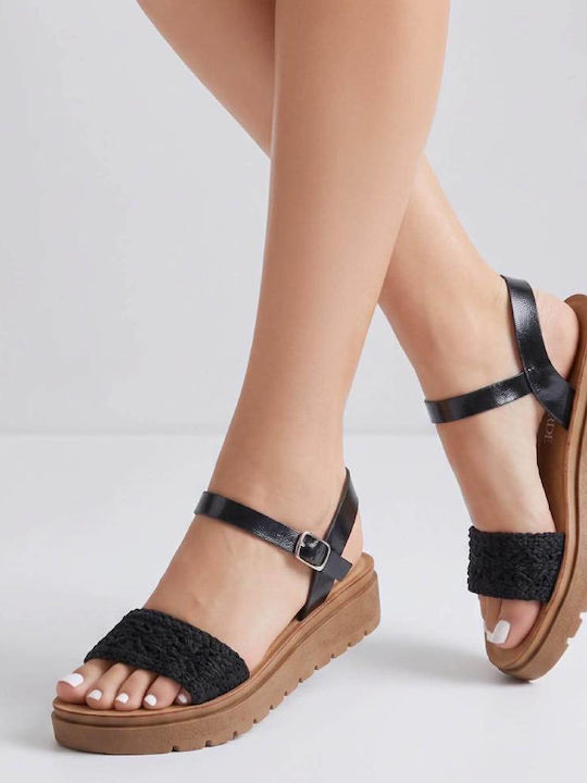 Leather Women's Flat Sandals Flatforms Black
