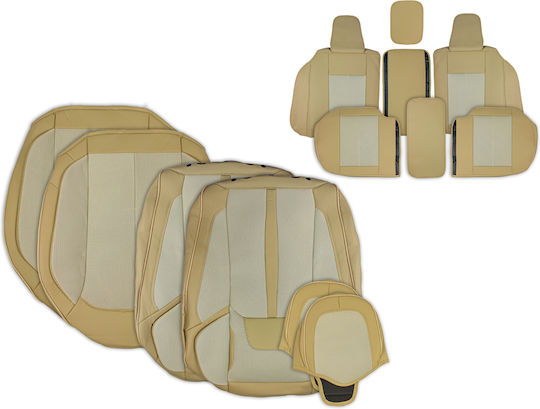 Car Seat Covers 13 Pcs Eco Leather Mesh Fabric Beige Ap-358