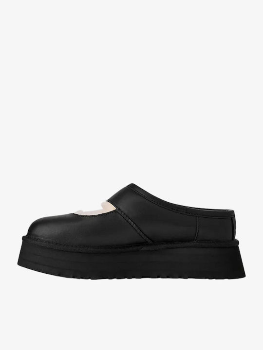 Mary Jane Leather Women's Winter Slippers Black
