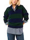Women's Polo Blouse Long Sleeve Striped Blue-Green