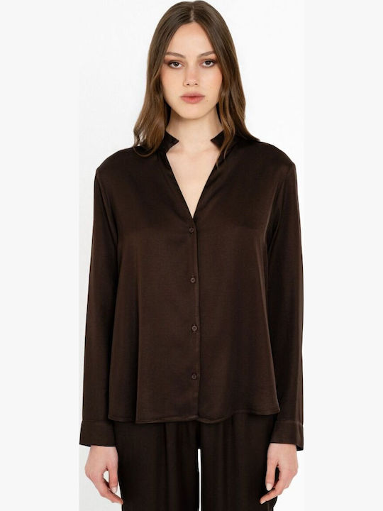 Women's Satin Long Sleeve Brown Blouse