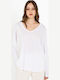 Organic Women's Cotton Long Sleeve Blouse with V-Neck White