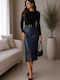 Leather High Waist Midi Skirt Blue