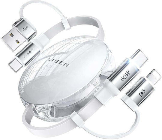Lisen Подвижен / Джоб USB към Type-C / Lightning Кабел Бял 1m YL0123030001