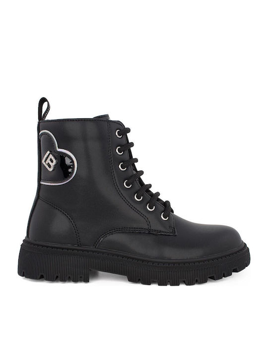 Anatomische Leder Kinderstiefel mit Schnürsenkeln Schwarz