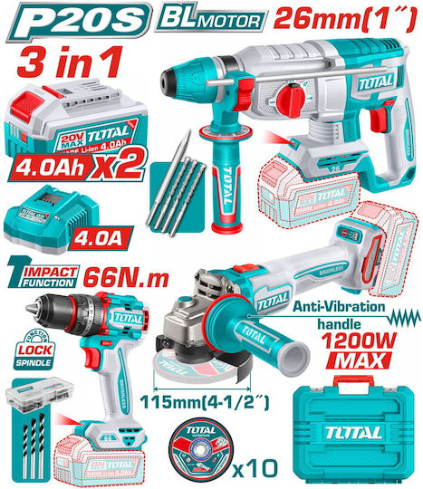 Total TCKLI202598E Комплект Ъглова Шлайфмашина, Ударна Бормашина и Перфоратор Brushless 20V с 2 Батерии 4Ah и Калъф с 47 Аксесоари