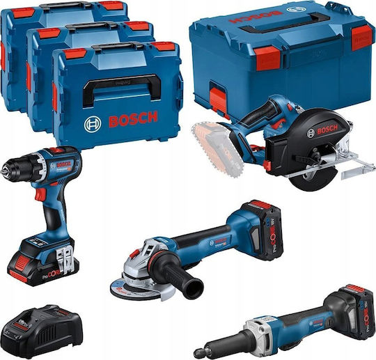 Bosch 0615990N3A Комплект Ъглошлайф, Циркулярен Трион, Акумулаторна Бормашина и Саблен Трион Безчетков 18V с 3 Батерии 4Ah - 5.5Ah и Калъф