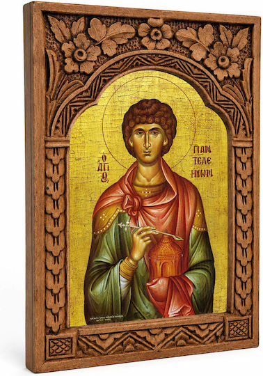 Saint Panteleimon Wooden Carved Frame Myrofyllo 16cm